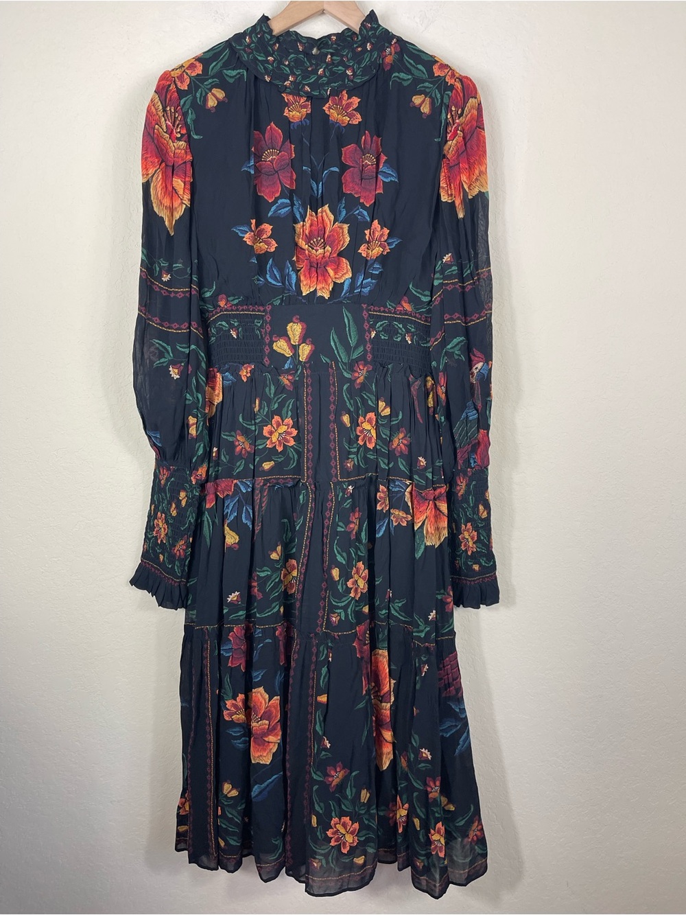 Farm Rio Macaws Garden Floral Long Sleeve Midi Dress Size Medium - Picture 5 of 9